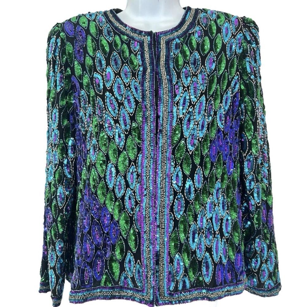 Lawerence Kazar 100% Silk Black Green Purple Embellished Vintage 80/90’s Blazer
